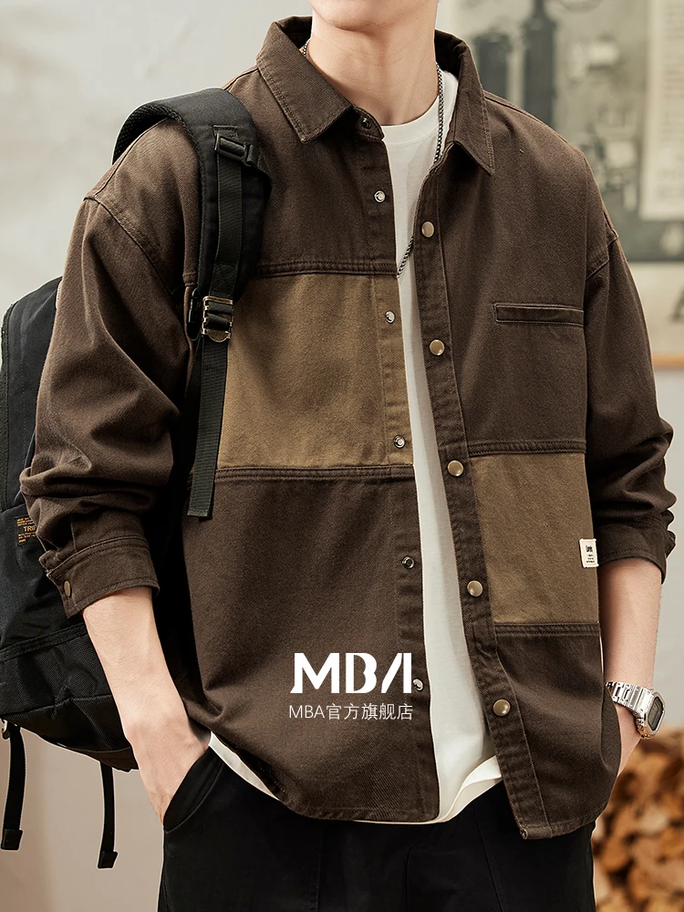Coat Shirt Men's Cotton Stitching Loose Fashion Single-Breasted New Spring Autumn Color Matching Denim Top Lapel Wear-Resistant