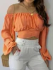 Women Sexy Off Shoulder Blouse Chic and Elegant Printing Lantern Long Sleeve Lace Up Bow Cropped Tops Casual Slim Shirts 2024 3