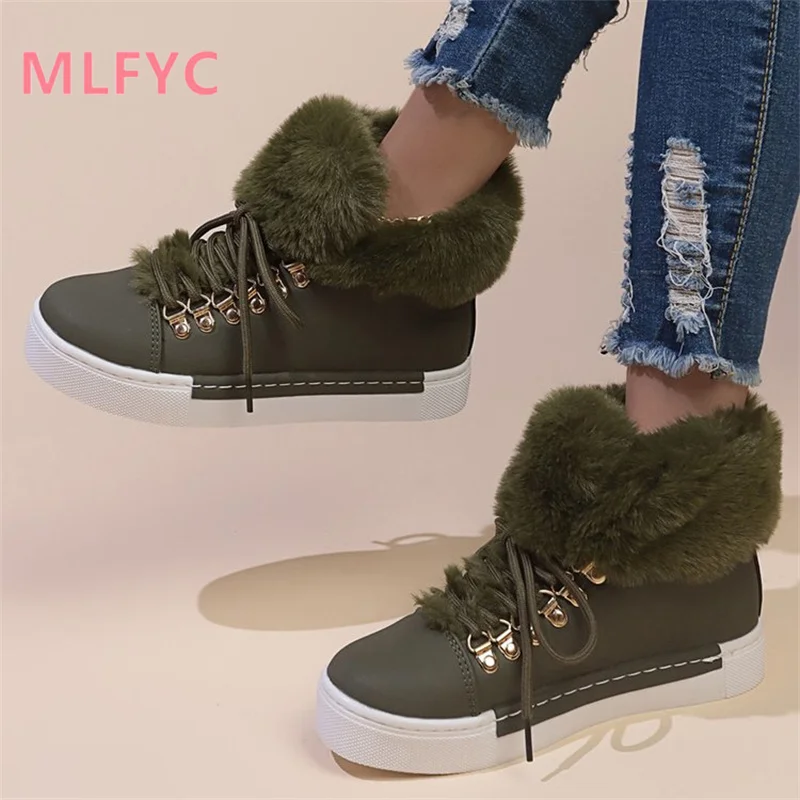 Winter short tube snow boots for female large plush thick soled cotton boots for women casual and warm round toe flat boots