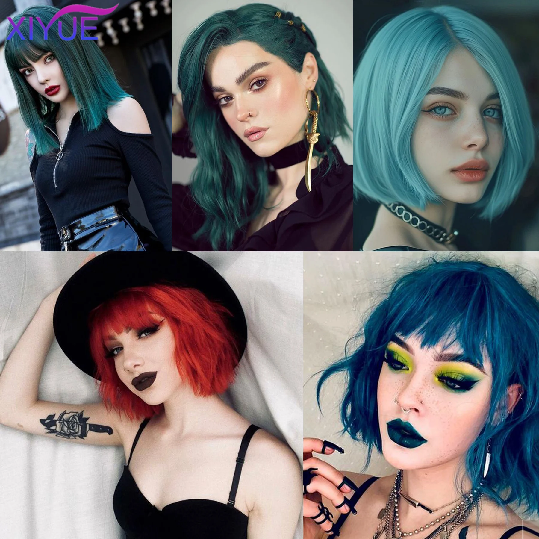 XIYUE Synthetic short bob straight hair with trimmable bangs Lolita Ombre pink red blue purple cosplay wig for women short wigs