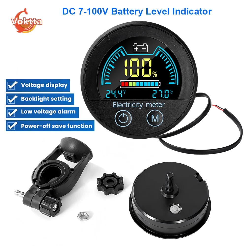 DC 7-100V 방수 원형 디지털 전압계 2선식 DC 전압 테스터 배터리 레벨 표시기 범용 배터리 용량 모니터