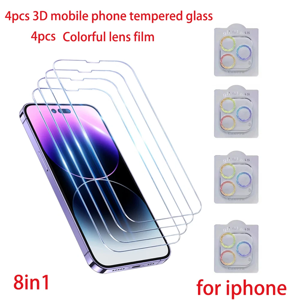 

8IN1 FOR iphone 15promax 14 13 12 11promax 11pro iphone11 13mini 3D HD tempered glass protective film and Colorful lens film