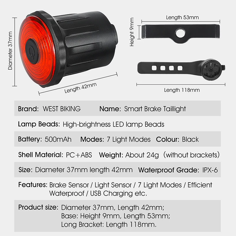 Feu arrière de vélo WEST BIKING rechargeable par USB avec