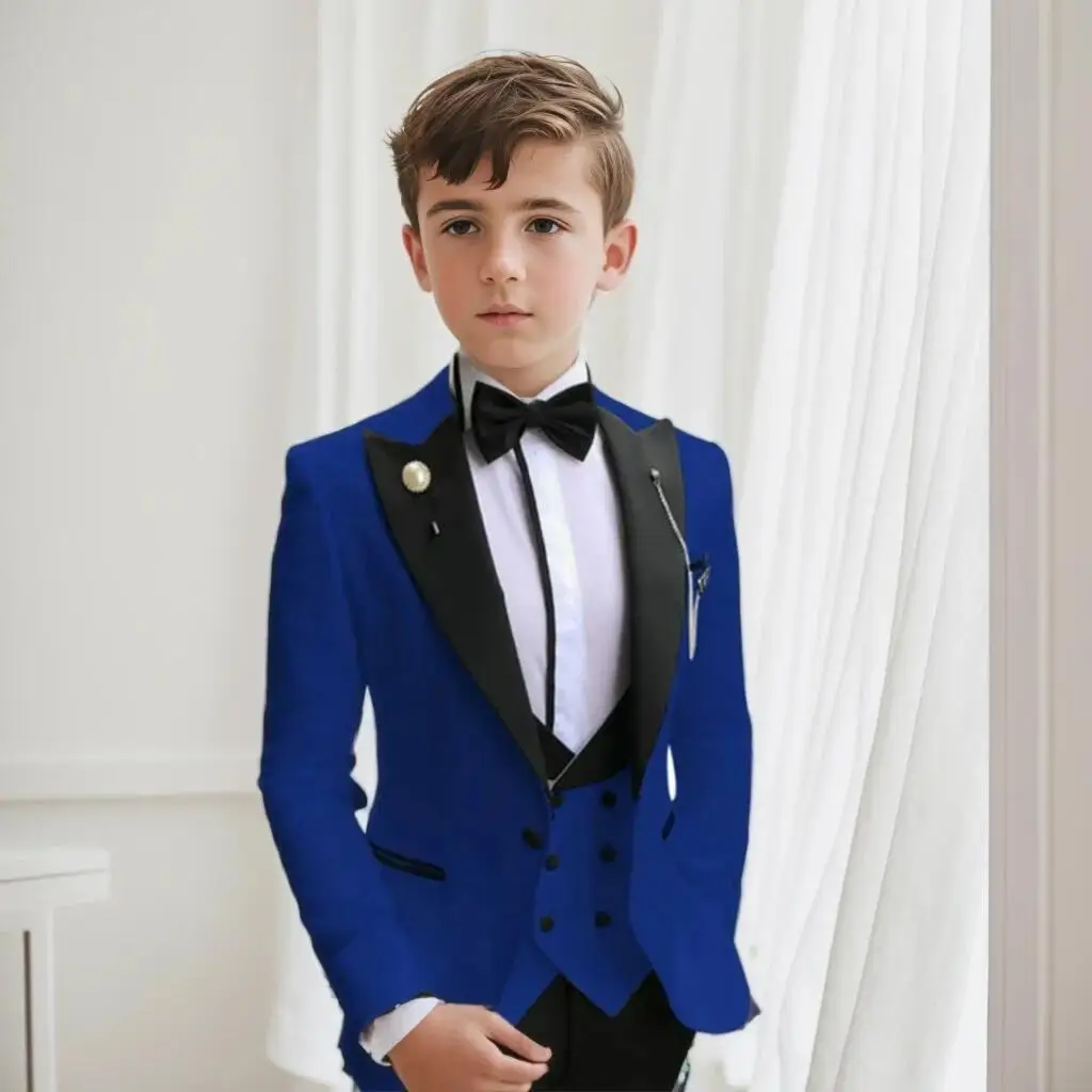 Flower Boys 3 Piece Party Tuxedos Suit Set with Peak Lapel Blazer Vest Pants - Slim Fit Wedding Attire for Kids 2-18 Years Old