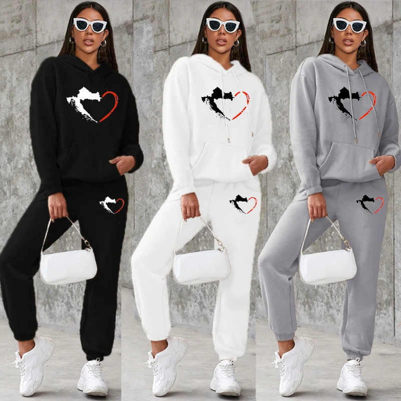 Hot Autumn Winter Womens Hoodie + Sweatpants 2-piece Sweat Suits  Hooded Jogging Sports Suits Fashion Printed Track Suits casual men s solid color sportswear men s printed pullover hooded sweatshirt jogging pants men s autumn and winter sports set