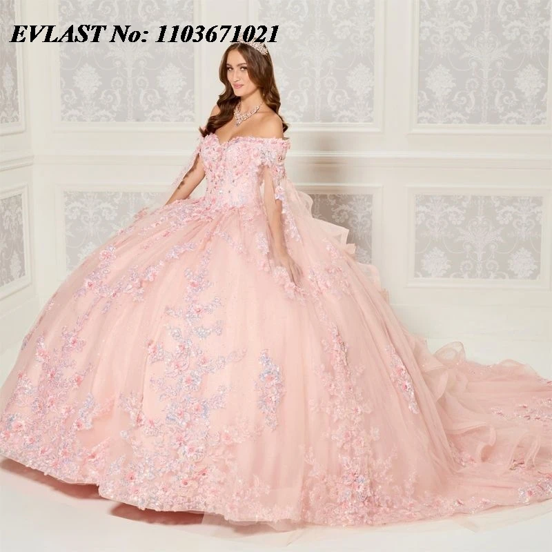 Evlast Mexican Pink Quinceanera Dress Ball Gown Lace Applique Beads Tiered With Cape Corsetto Sweet 16 Vestidos De Xv 15 Anos Sq31