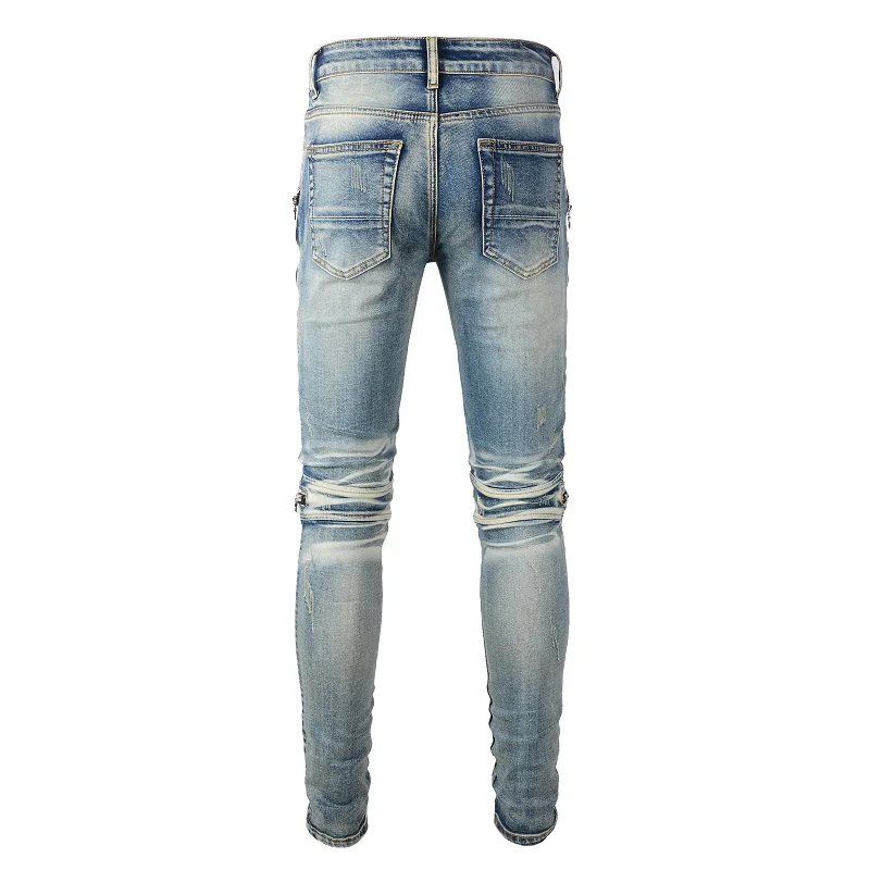 Splicing Zipper Design Slim Motorcycle Jeans Fashion Clashing Biker Jeans Men's High Quality Cotton Blue Classic Jeans A606