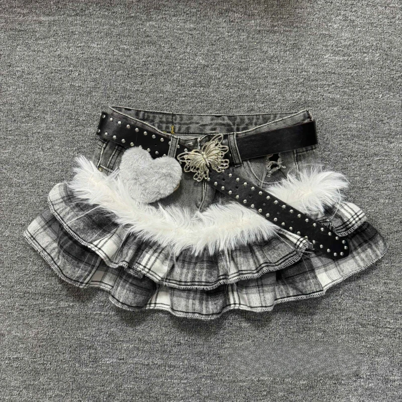 Hot Girl Aesthetic Darkly Short Skirt Gothic Grey Patchwork Plaid Cowboy Skirts Women Design High Street Vintage A-line Outfits - Image 2