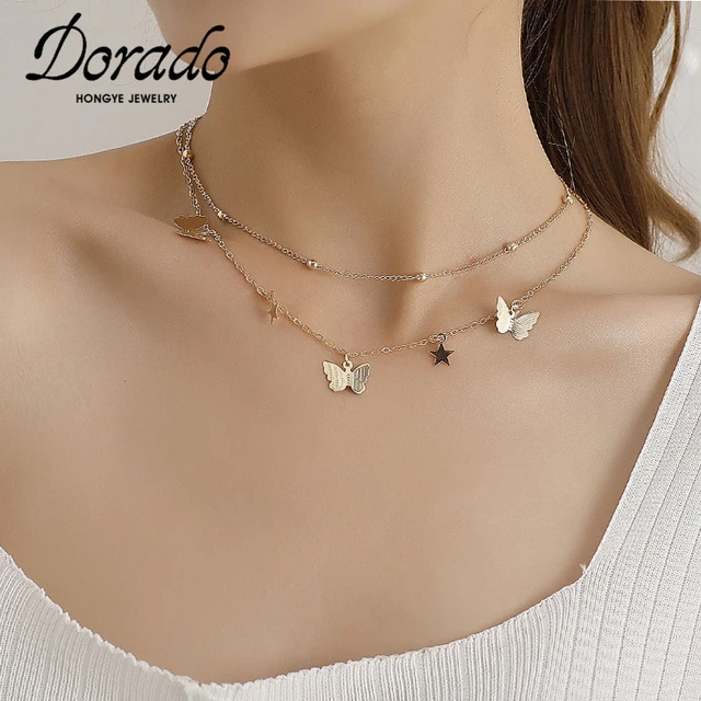 Double Layers Gold Color Chain Velvet Choker Trendy Butterfly Short Necklace  for Women Girls Students Gothic Aesthetic Jewelry - AliExpress