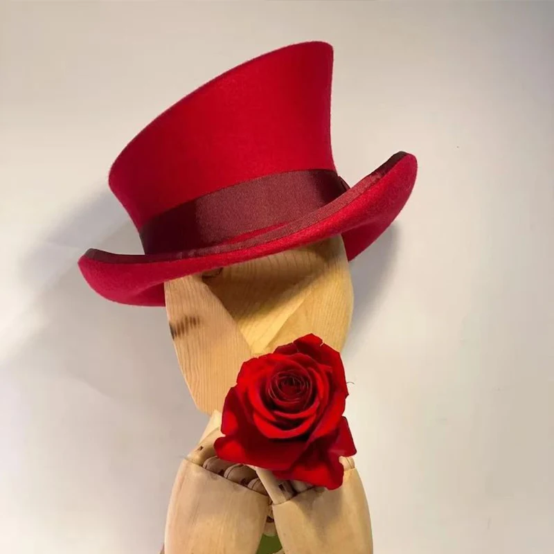 Asymmetric Hat Felt Retro Top Hat Women Men Punk Fashion Ribbon Party Halloween Magician Dress Up Costume Cap Imitation Wool