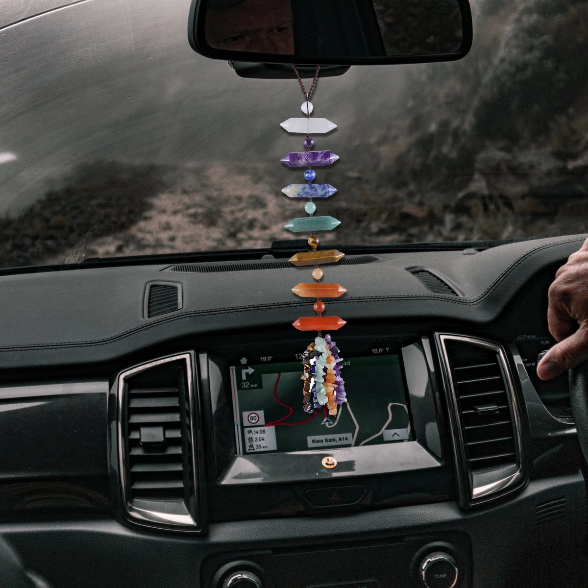 7 Chakra Stones Circle/Hexagonal Point FengShui Hanging Ornament Healing Tumbled Stones Tassel Car Window Home Decor