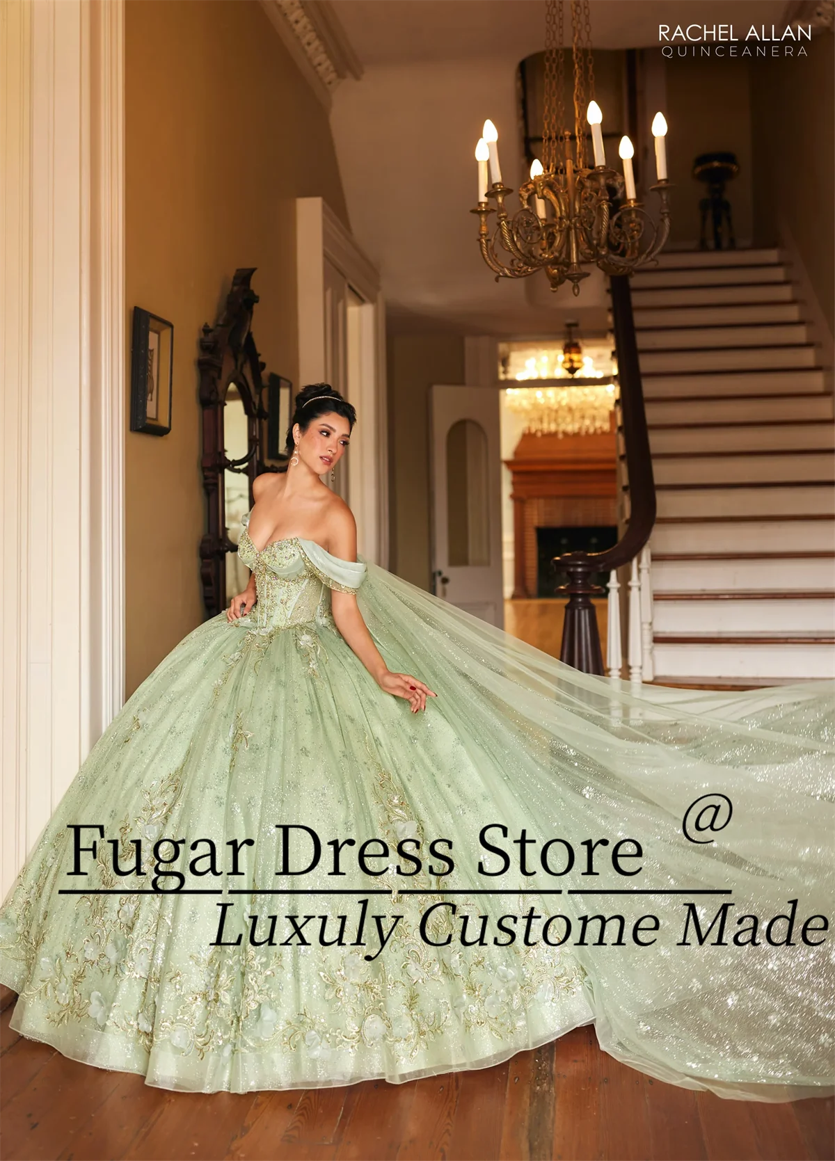 Long Strapless Shawl Sleeve Dress Princess Quinceanera Dresses Luxurious crystal transparent hard gauze 24