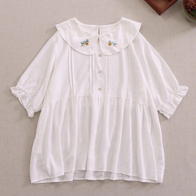 Summer Mori Girl Sweet Floral Embroidered White Shirt Women Kawaii Peter Pan Collar Short Sleeve Casual Loose Blouse Blusas Tops