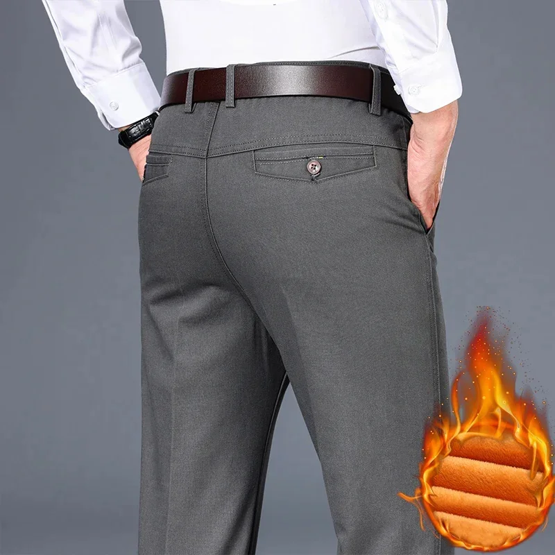 thumbnail image 1 of Pantalones casuales gruesos de vellón para hombre, de negocios, ajustados, rectos, sencillos, de estilo clásico, de algodón, gris oscuro, pantalones de felpa para oficina para hombre, 1 of 5