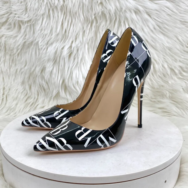 

2023 Black High Heels for Women Classics Pumps Pointed Toe Stilettos Ladies Party Heels Printed Shoes 8cm 10cm 12cm Large Size