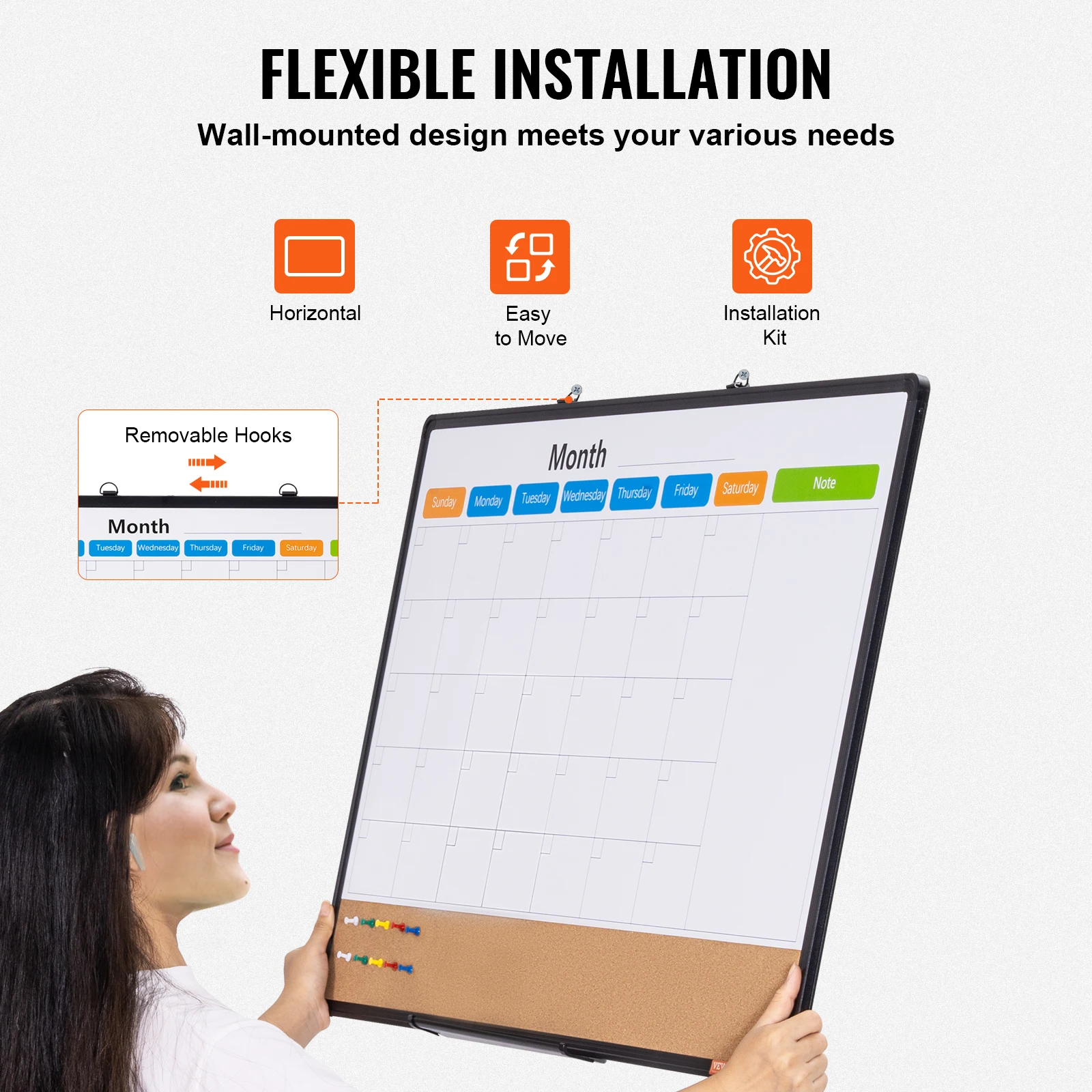 VEVOR Monthly Calendar Whiteboard and Cork Board Combo with Aluminum Frame Magnetic Dry Erase Bulletin Board for School Office