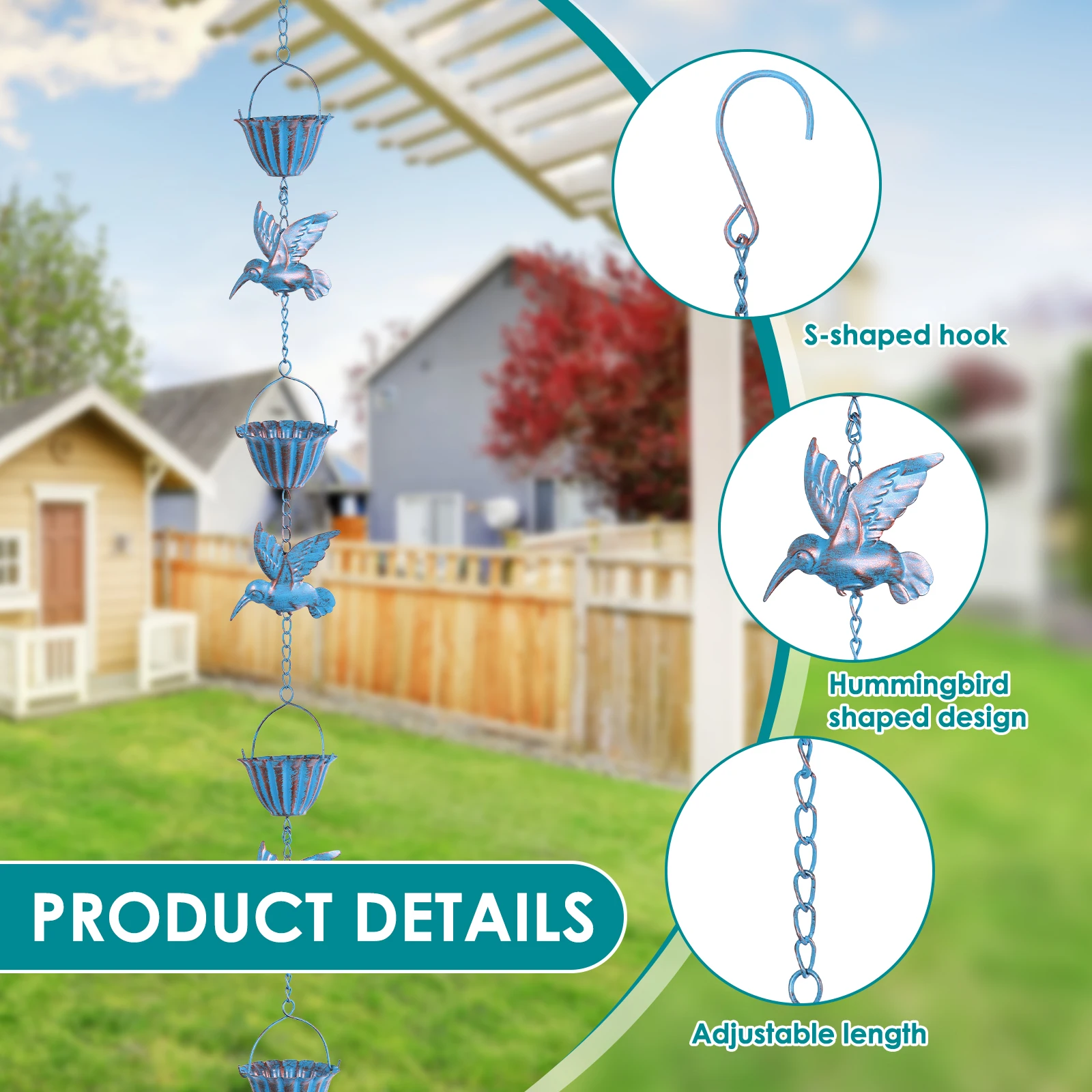 Rain Chain Hummingbird and Cup Shaped Rain Catcher Chain Metal Outdoor Garden Decoration Functional Replacement for Downspout