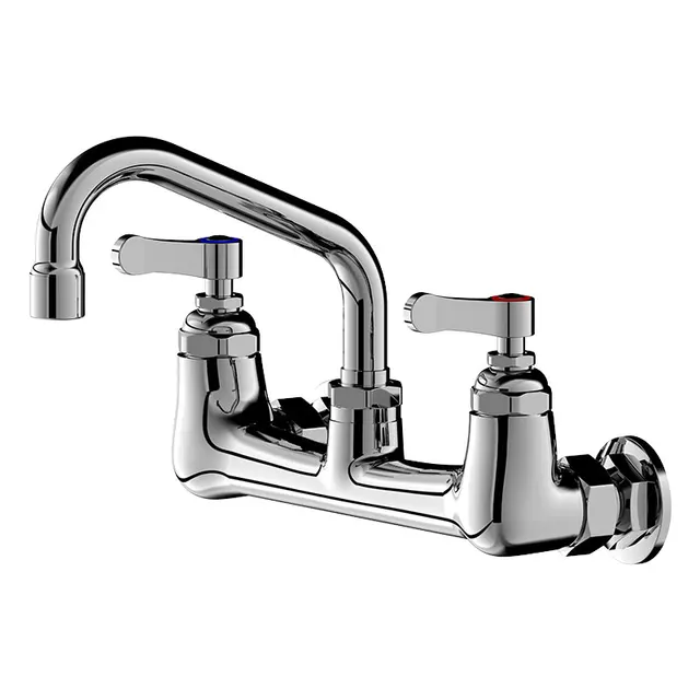 ก๊อกน้ําผสมติดผนังสองรู - ก๊อกน้ําอ่างล้างจานเชิงพาณิชย์ทองแดงพร้อมหัวฉีดสวิงและคอห่านหมุนสําหรับอ่างล้างหน้าในครัว 3