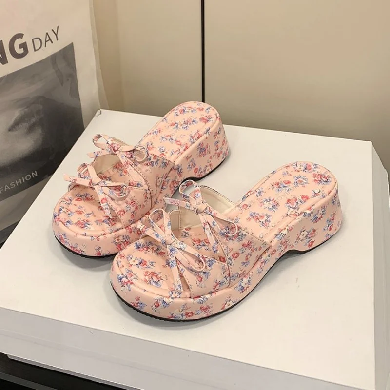 Women Floral Print Bow Platform Slippers Sandals Shoes Summer Wedge Heel Open Toe Slides Lady Casual Platform Beach Sandals Plus 1