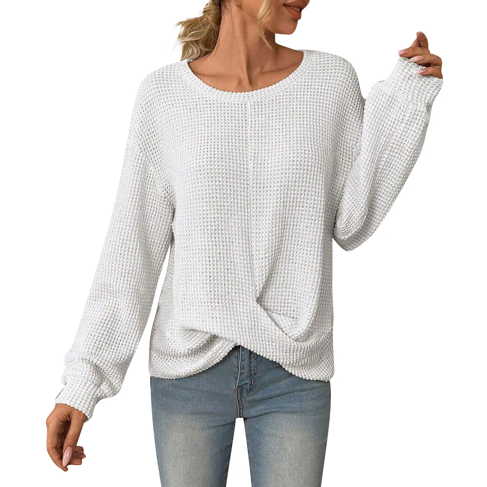 

2023 New Female Casual Fashion Clothing Women's Solid Color Sweater Long Sleeve Round Neck Irregular Hem Knit Pullover Top