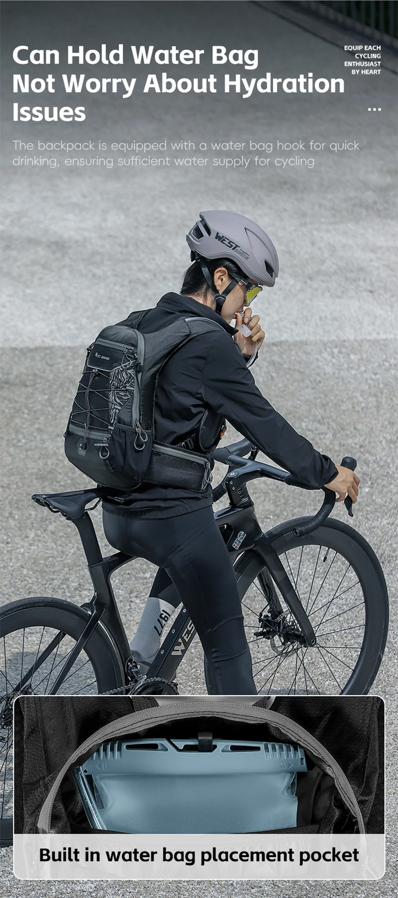 WEST BIKING 16L Hydrations-Rucksack mit 2L BPA-freiem TPU-Wasserbehälter für Laufen, Wandern, Outdoor-Sport, Fahrradzubehör – Detail 7