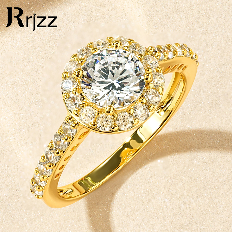 Rrjzz 6mm Round Cut CZ Simulated Diamond Engagement Rings 14k Gold Plated Fashion Double Circle Ring for Women Fine Jewelry Gift