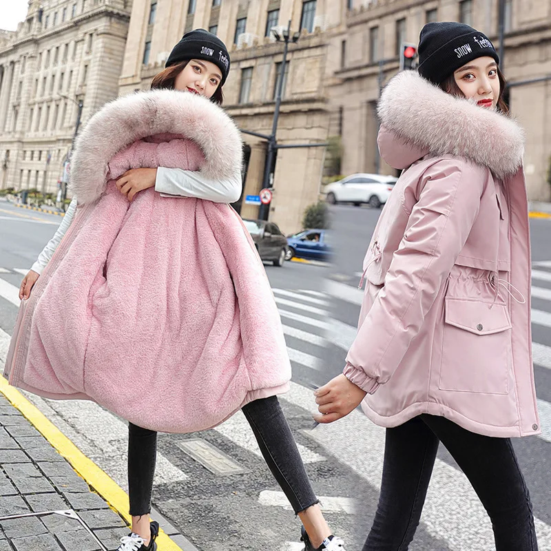 

Korean Style Mid-length Parkas Women's Winter Loose Thicken Warm Cotton Padded Coats Big Fur Collar Cotton Jackets Windbreaker