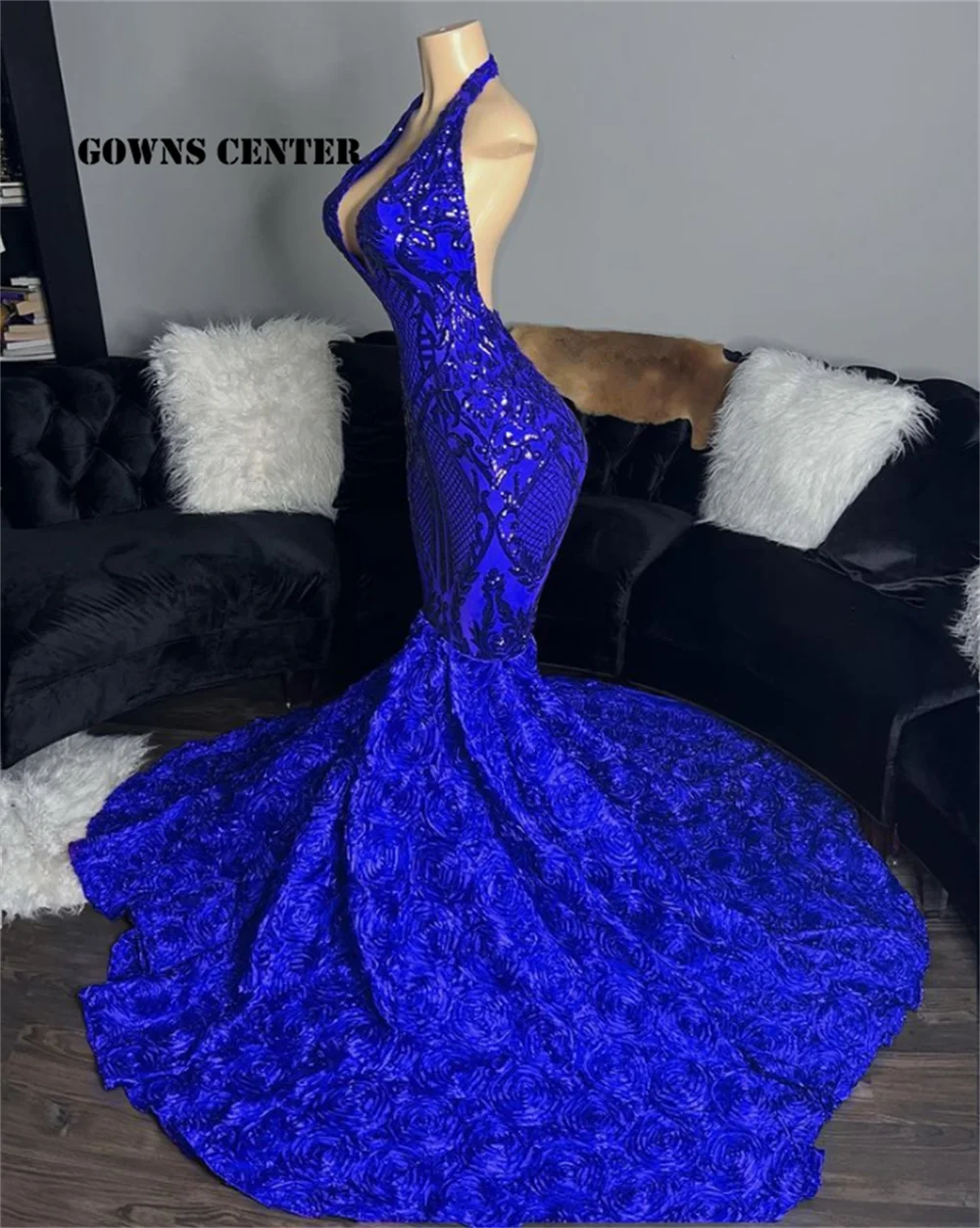 Royal Blue Sequined Prom Dresses For Black Girl Halter Evening Gown African Formal Gown Wedding Party Dress women prom dresses