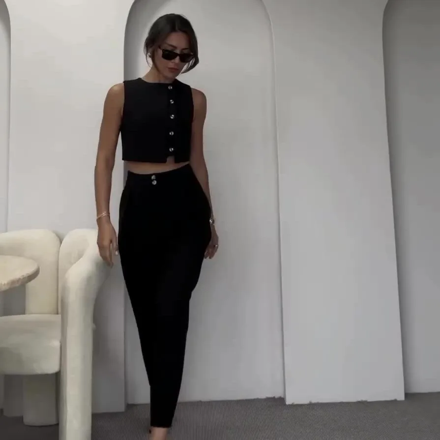 

Женский комплект из двух предметов, Свободный Топ без рукавов и прямые брюки с высокой талией и пуговицами, лето 2024