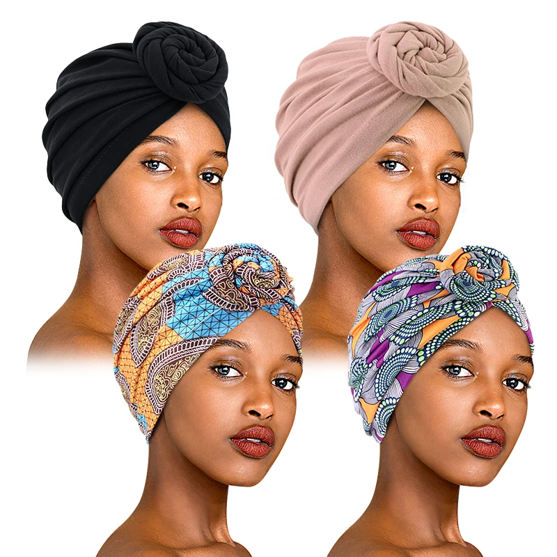 

4PCS/LOT Women African Knot Pattern Print Turban Muslim Inner Hijab Headscarf Cap Forehead Cross Flower Headwrap India Chemo Cap