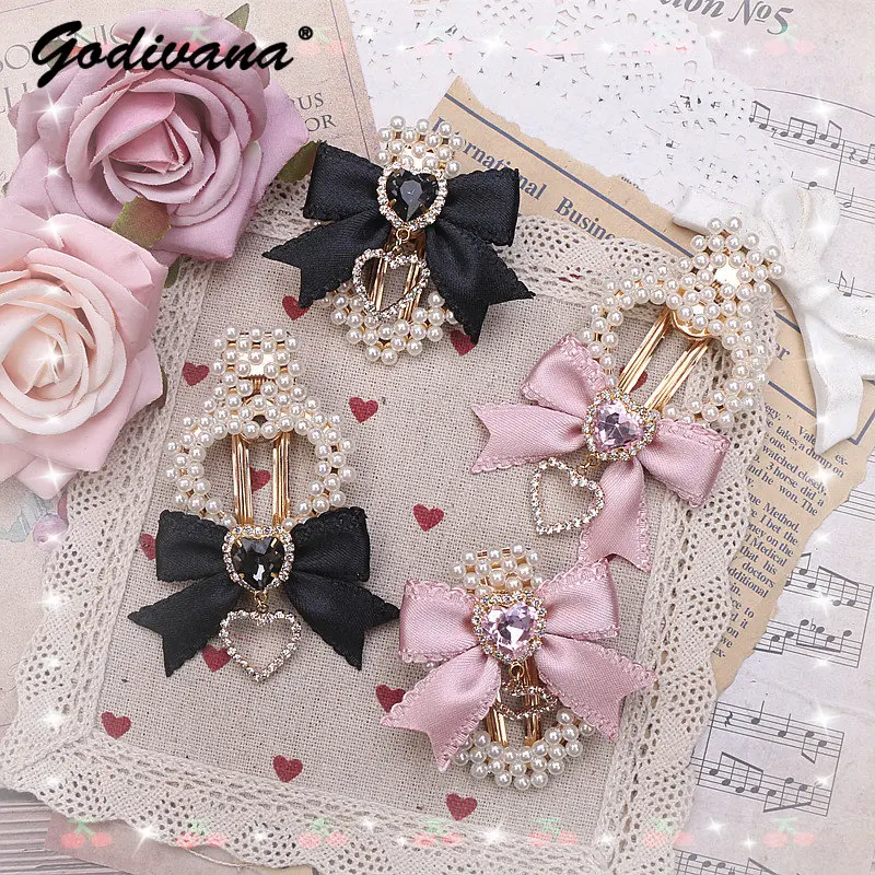 Japanese Mine Hairclip Headdress Heart Shaped Love Pearl Bow Rhinestone Pendant Side Hair Clip Tiaras A Pair of Bowknot Hairpin