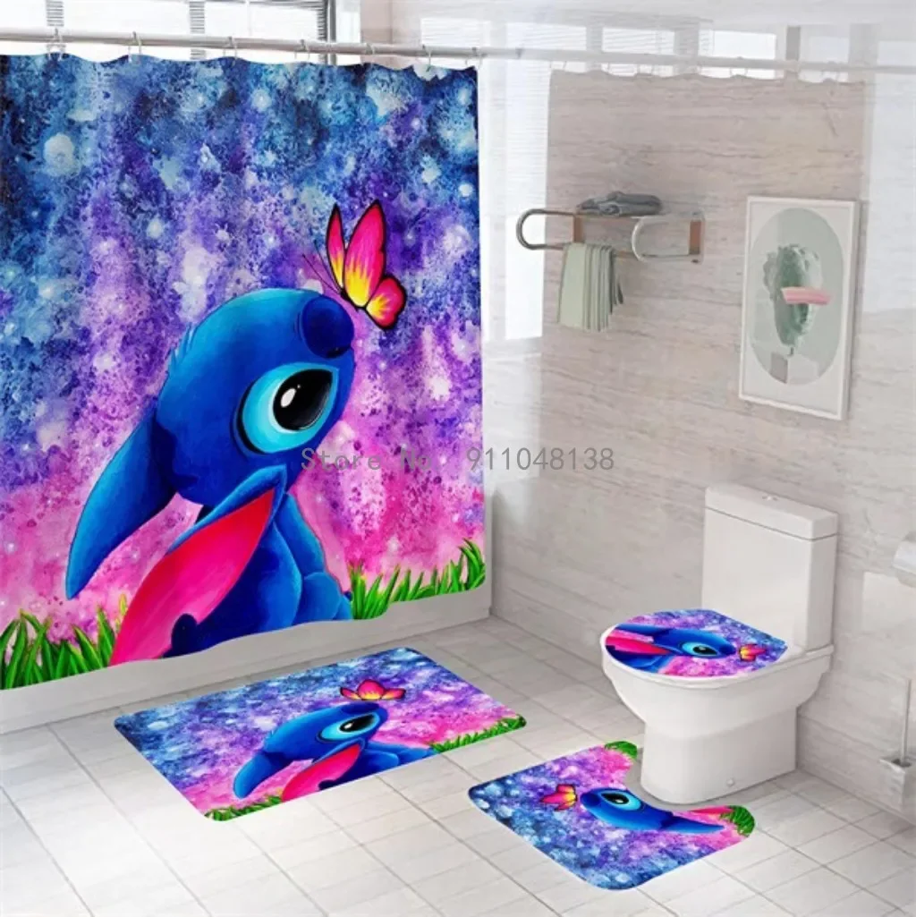 Disney 3D Lilo & Stitch Waterproof Bathroom Shower Curtain in the Bathroom with Hook Set Soft Bath Mat Toilet Carpet Rugs