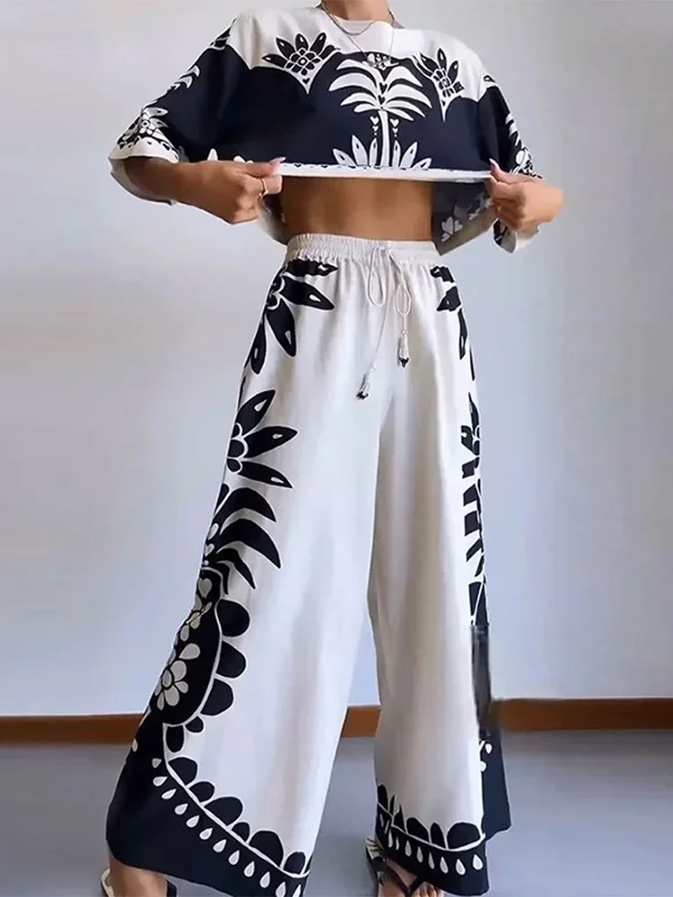 Vintage Printed Woman Tank Top & Trousers Suit O Neck Half Sleeved Loose T-shirt Pants 2pcs Set Elastic Waist Chic Vacation Wear