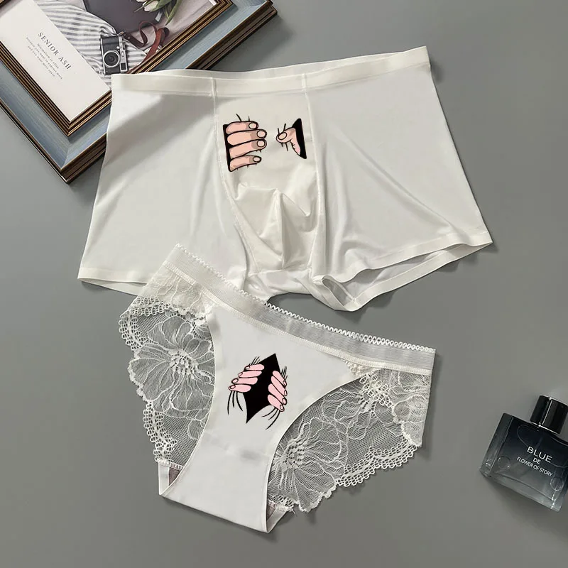 Baskılı yeni stil buz ipek çift iç çamaşırı seksi erkek Boxer kadın külot  sevgilisi külot 2 parça Set için erkek arkadaşı kız arkadaşı