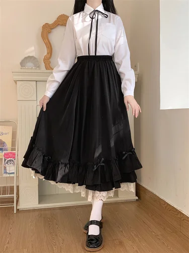 일본 단색 더블 레이어 프릴 A 라인 스커트, 빈티지 프렌치 헵번 스타일, 블랙 하프 스커트, 여성 롱 스커트, 2022 신상 3