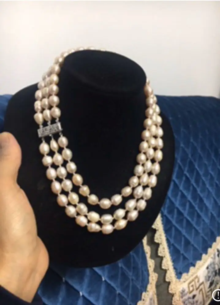 

3 Rows 9-10mm natural Australian south sea gold pink pearl necklace 17"-19" Silver colour clasp