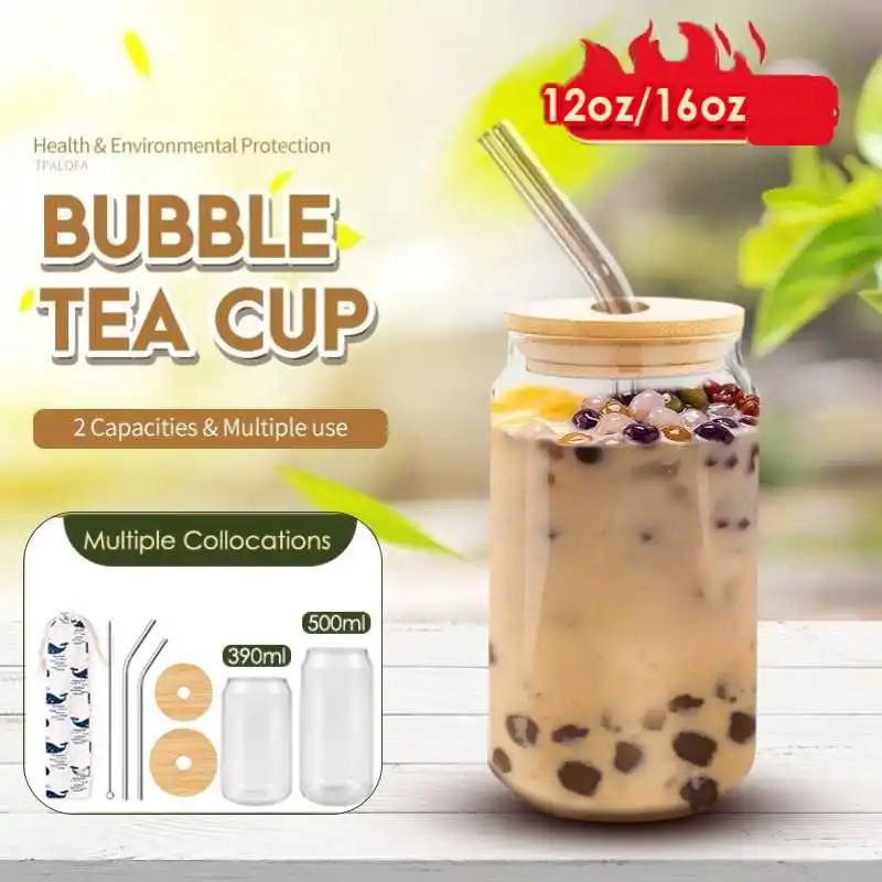 

500ml/390ml Glass Cup with Lid and Straw Transparent Bubble Tea Cup Juice Glass Beer Can Milk Mocha Cups Breakfast Mug Drinkware