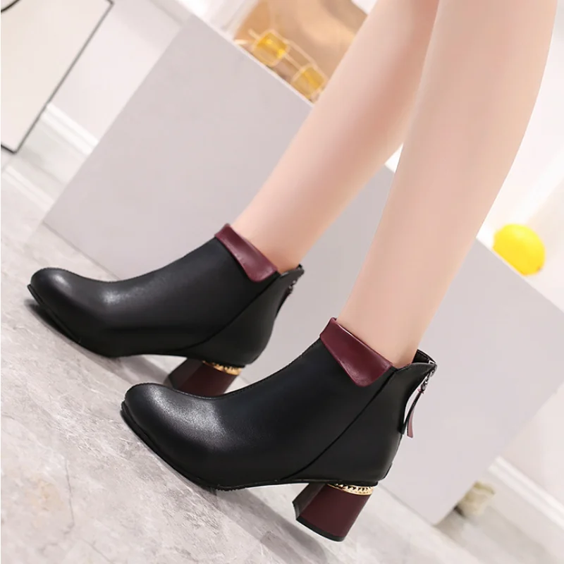 Women's Ankle Boots Pumps Winter Autumn Ladies Plush Warm High Heels Leather Fashion Pointed Toe Zipper Short Women Botas
