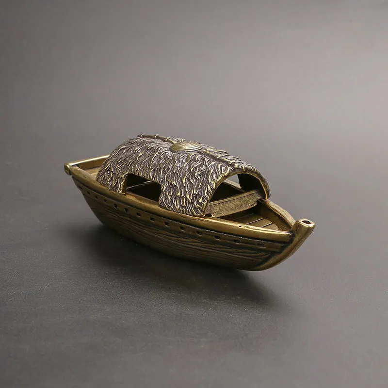 

Brass Retro Fishing Boat Figurines Tea Pet Creative Bronze Crafts Incense Burner Living Room Desk Home Decoration Accessories