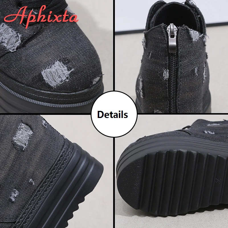 Aphixta Blue Denim Upper Platform Ankle Boot Height Increasing Women Back Zip Shoes Thick Botton Sole Lace Up botas mujer