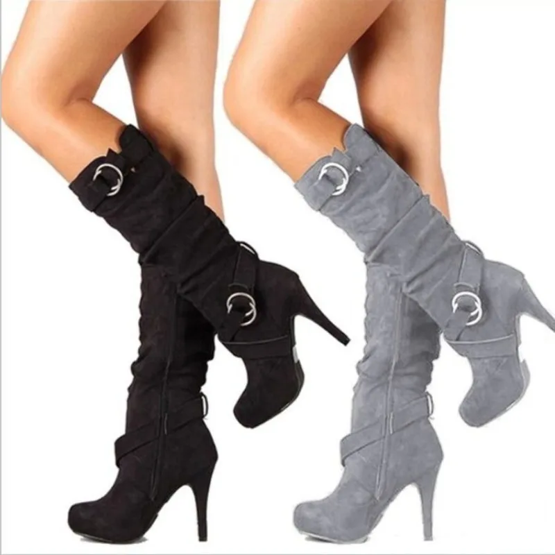 

Women's Shoes Trend Winter Flock Knee-High Boots Female Pointy Toe Long Boots Fashion Zip Winter Thin High Heeled Shoes