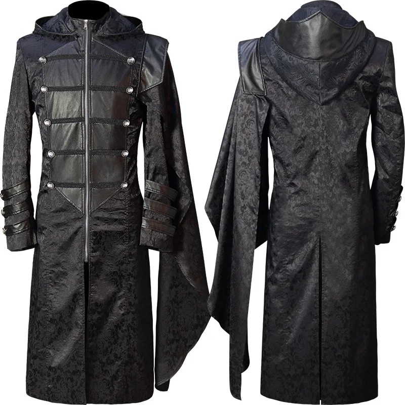 

Steampunk Vintage Retro Tailcoat Cosplay Jacket Men Goth Victorian Frock Black Coat Uniform Black Leather Gothic Cape Halloween