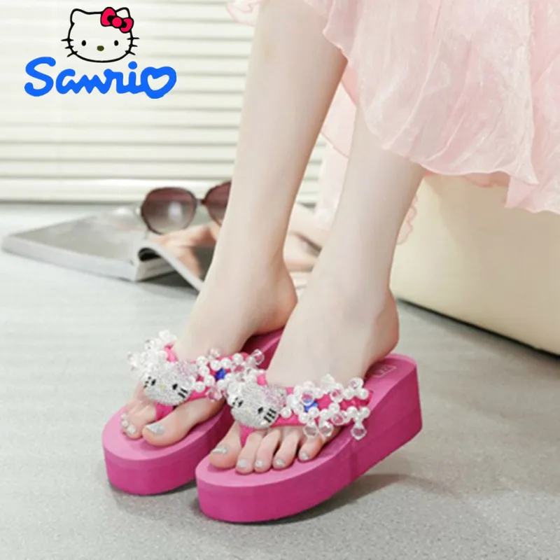 New Summer Hello Kitty Cartoon Harajuku High Heels Pink Slippers Flip Soft Flops Women Platform Shoes Fashion Leisure Ladies