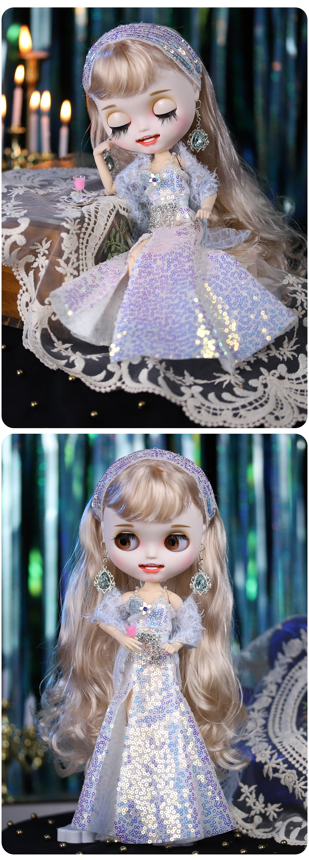 Neo Blythe Doll Shiny Bowl Dress with Earrings & Head Dress 1