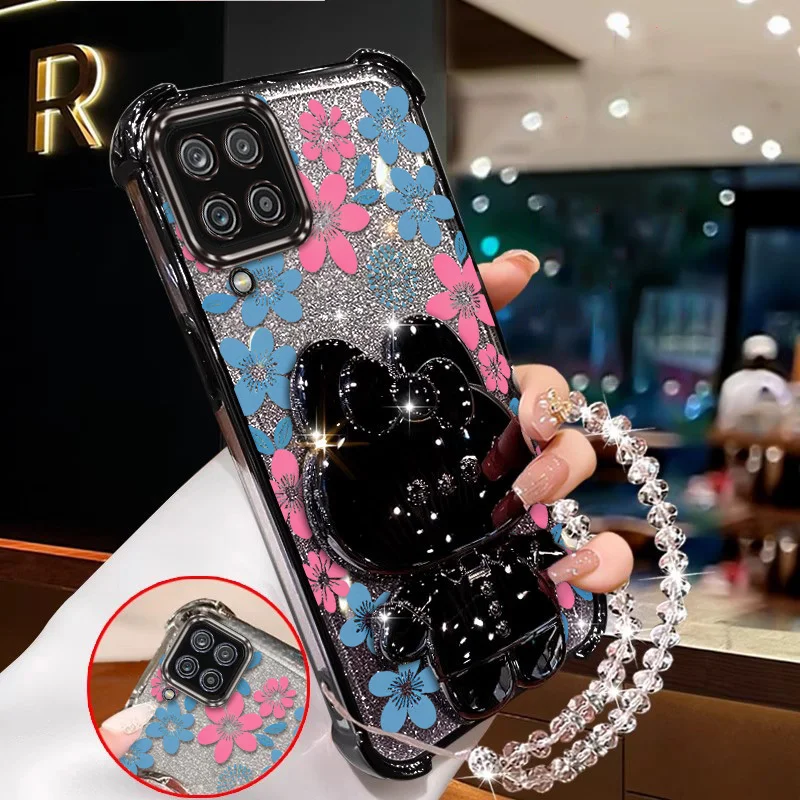 Elegant Blue Floral Phone Accessory Set - Includes Case, Lanyard & Stand
