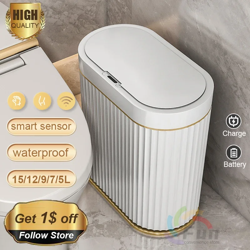 

12/15L Trash Can Sensor Automatic Household Trash Bin Bathroom Storage Bucket Toilet Waterproof Narrow Trash Bin Kitchen Garbage