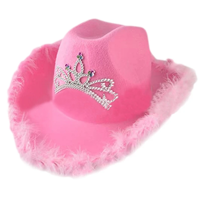 Cowgirl Hats Cow Girl Hat with Rhinestones Crown Tiara Feathered Trim Adjustable Strings Adult Size Cowboy Hat for Party 2