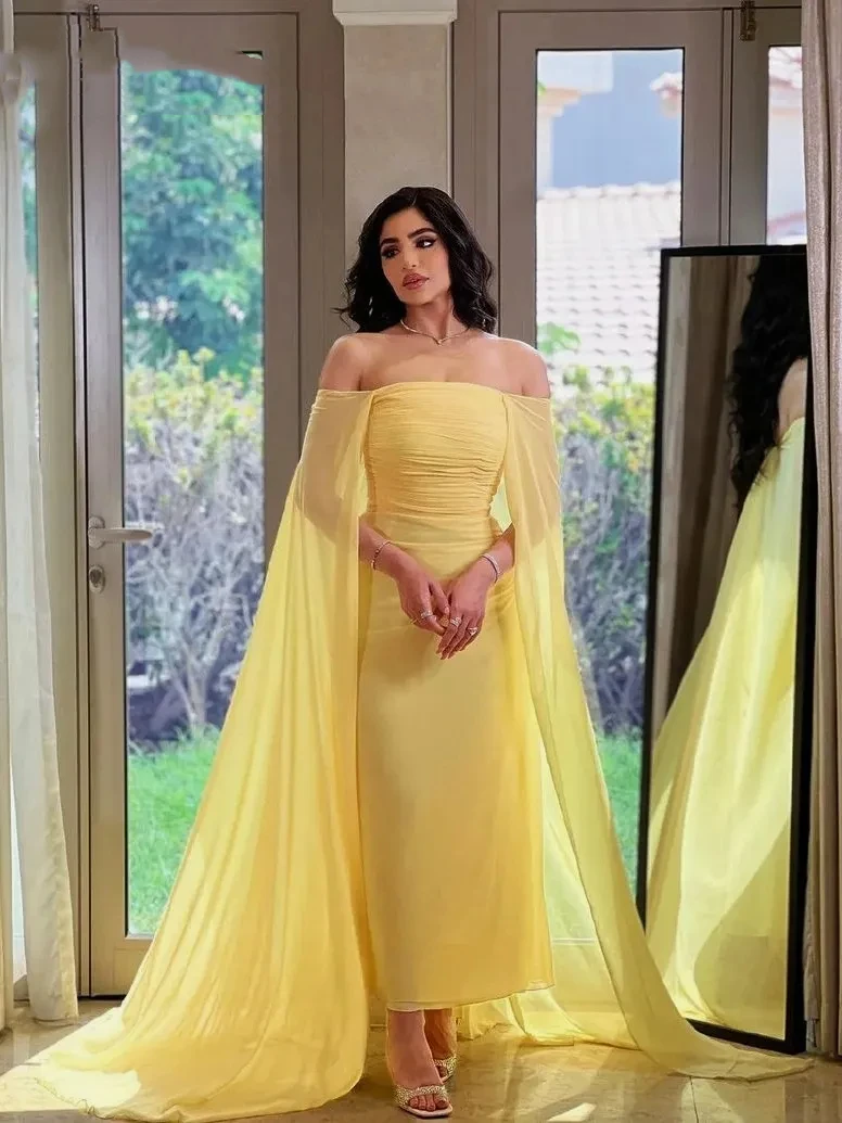 

Elegant and minimalist yellow tulle ruffled boat neck, off shoulder, knee length custom formal occasion ball party evening dress