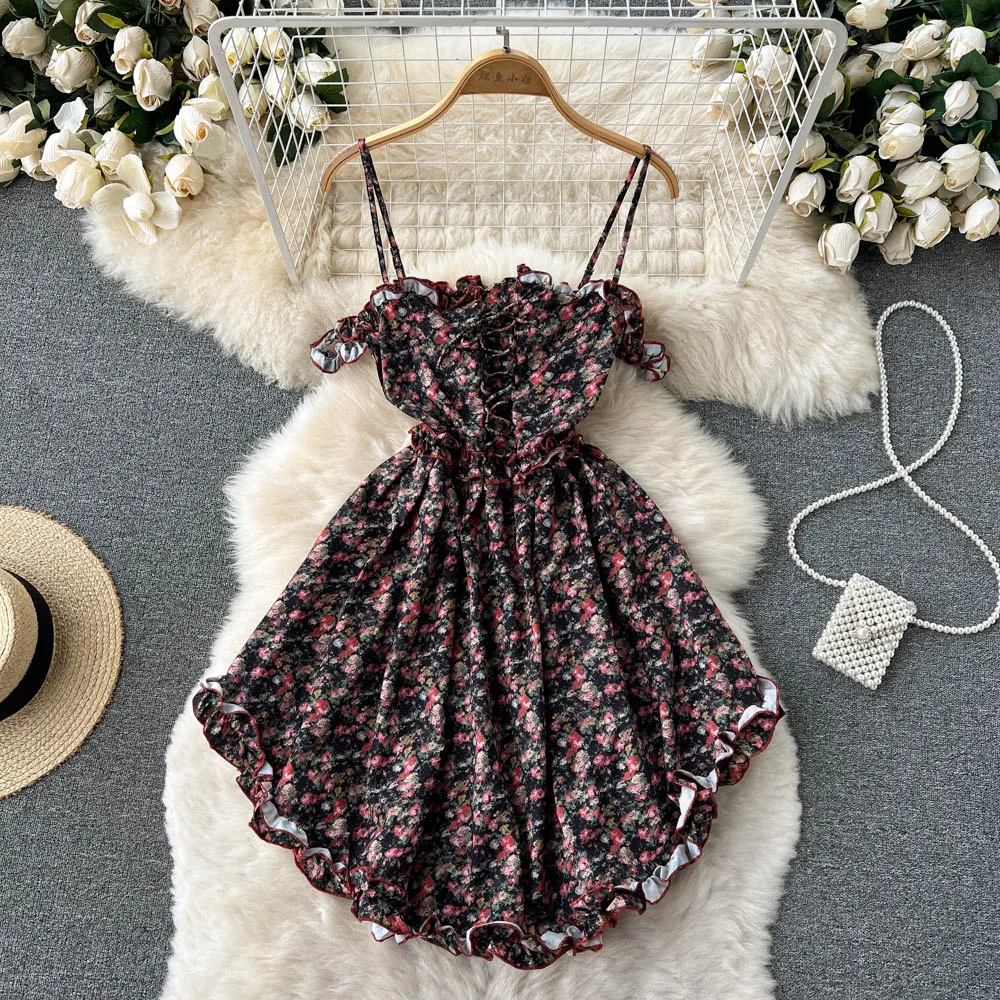 

Floral Spaghetti Strap Women Dress Summer New Sweet Slash Neck Sexy Backless Ruffles Dresses Fashion Temperament Hot Girls Frock