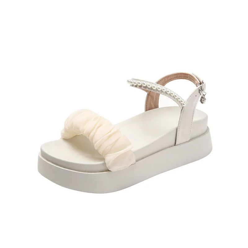 

2024 Summer Women Fashion 5cm High Heels Pumps Pearl Diamond Cross Belt Gladiators Muffin Slides Casual Elegant Beach Flat Shoes